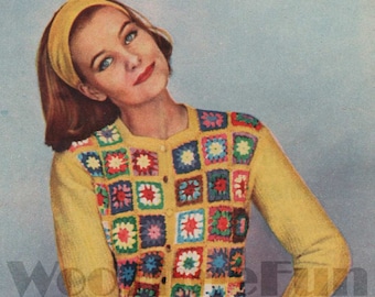 Crochet Pattern Vintage 1950s Womens Jacket Cardigan. Granny Squares. Knitted Sleeves.