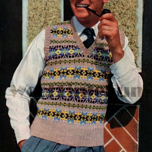 Vintage Knitting Pattern Men's Fair Isle Slipover, Sweater Vintage Knitting Pattern Men's Fair Isle Slipover, Sweater