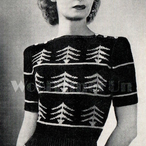 Knitting Pattern Vintage 30s 40s WW2 Fair Isle Sweater Fir Trees Long Or Short Sleeves.