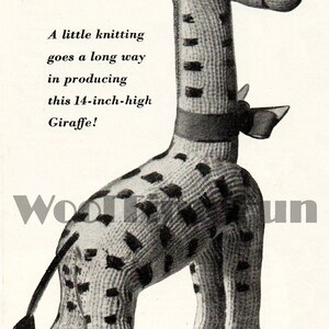 May include: A knitted giraffe toy, approximately 14 inches (35.56 cm) tall, with a long neck, black spots, and a small bow. The image includes the text: "A little knitting goes a long way in producing this 14-inch-high Giraffe!"