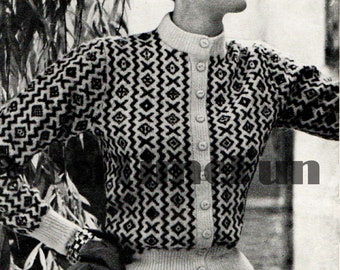 Stickmönster Vintage 1950-tals Fair Isle Nordisk Skandinavisk Skidjacka. Rund halsringning Långärmad