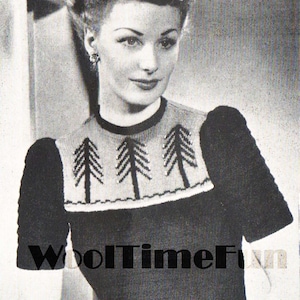 Knitting Pattern Vintage 1940s Womens Christmas Tree Fair Isle Jumper Sweater