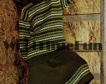 Patrón de tejido para mujer, falda/jerséis a rayas vintage y gorro a juego.