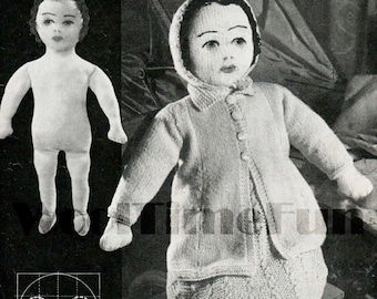 Vintage 1930s 1940s Toy Knitting Pattern. Doll, Dress, Coat, Shoes, Hat, Underwear.