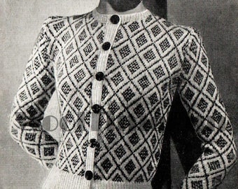 Stickmönster Dam 1940-tals Fair Isle Diamond Design Cardigan. 4-trådigt garn.