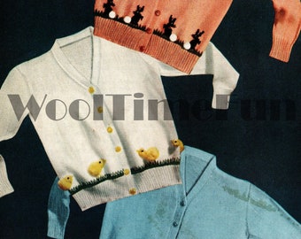 Knitting Pattern For Childs Toddlers Cardigan Flower Chick Bunny Rabbit Motif Pompons