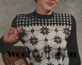 Knitting Pattern Classic Lady's Vintage 1940s/50s Fair Isle/Skiing/Xmas Jumper.