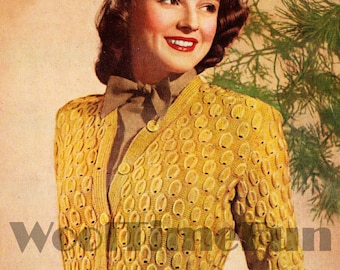 Patrón de tejido para cárdigan vintage de los años 40 para mujer. Cuello en V, mangas largas y diseño de puntada de cápsula.