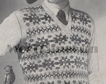 Patrón de tejido para hombre: chaleco de punto vintage Fair Isle de la Segunda Guerra Mundial, década de 1940