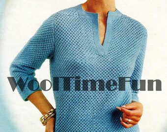 Knitting Pattern Womens Vintage 1960s 1970s Slit Neck Jumper Sweater Tunic.