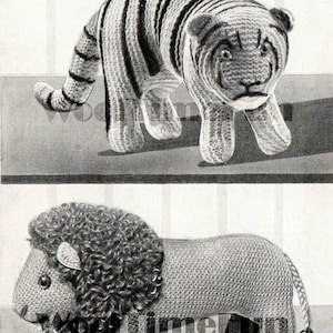 May include: A vintage knitting pattern for a tiger and a lion. The pattern includes instructions for making both animals, as well as a list of materials needed.