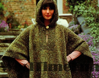 Knitting Pattern Women's Poncho Coat With Hood Aran Chunky Yarn.