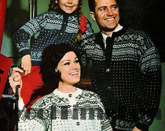 Stickmönster Herr Dam Barn Nordiska Fair Isle Jackor, Koftor. Skidåkning, Jul, Vinter.