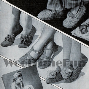 Crochet & Knitting Pattern Vintage 1940s Slippers. 4 Styles.