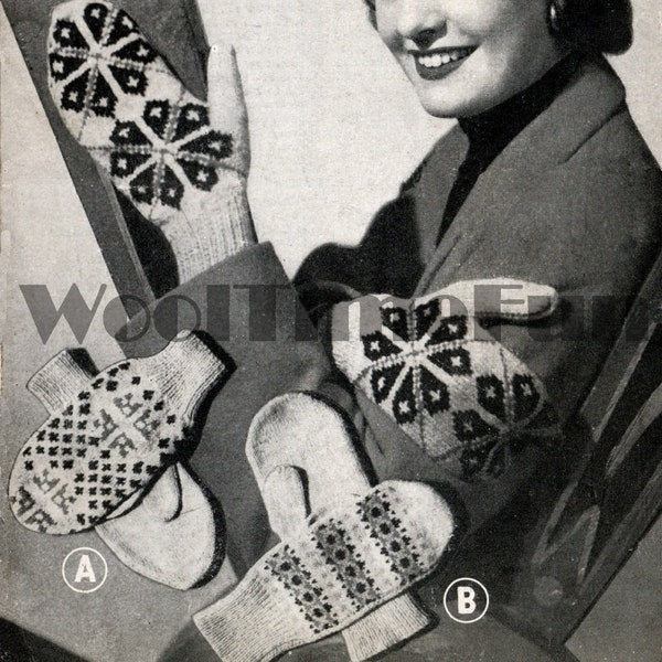 Knitting Pattern Ladies 1940s Vintage Fair Isle Mittens. 3 Designs.