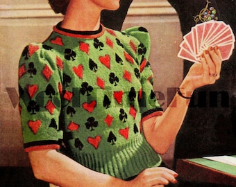 Patrón de tejido vintage de los años 40 para suéter Fair Isle. Cartas: Ases, Picas, Diamantes, Tréboles.