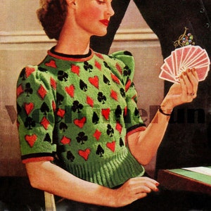 Patrón de tejido para suéter Fair Isle vintage de los años 40: cartas, ases, picas, diamantes y tréboles