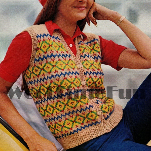 Knitting Pattern Vintage ladies, V-Neck Fair Isle Waistcoat.