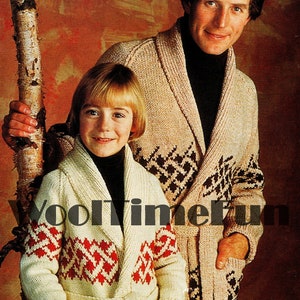 May include: Two people wearing matching cream-colored knitted cardigans with a geometric pattern in red and brown. The cardigans have a shawl collar and a tie belt. The person on the left is a child and the person on the right is an adult.