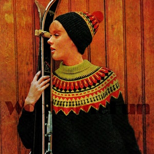 Vintage Knitting Pattern Womens Fair Isle Nordic Sweater & Matching Hat