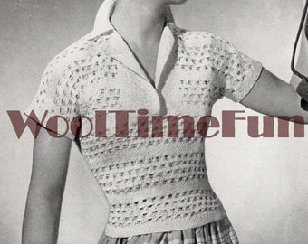Knitting Pattern Vintage 1940s 1950s Womens Lace Blouse Sweater With Collar.