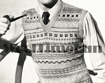 Wzór na sweter męski w stylu Fair Isle z lat 40. i 50., zakładany przez głowę, typu slipover/pullover/bez rękawów. Rozmiar: 38-42 cale.