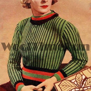 Knitting & Crochet Pattern Vintage 1930s 1940s Striped Or Plain Jumper Sweater