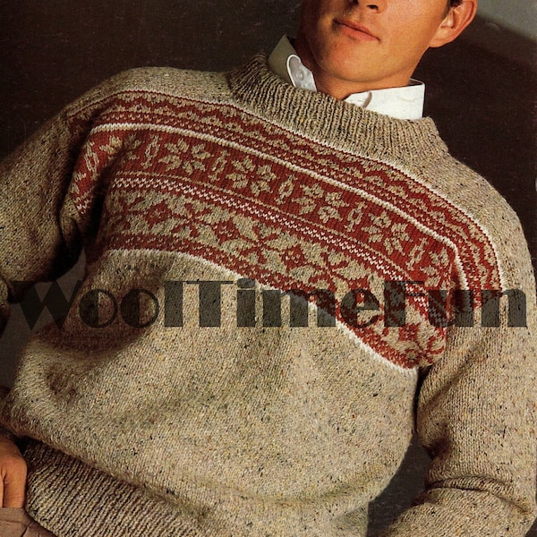 PDF Knitting Pattern Men's Fair Isle Patterned Sweater/Jumper. 32-56 Inch Chest.