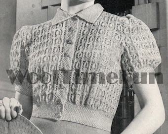Knitting Pattern Vintage 1940s Ladies Patterned Cardigan/Jumper With Collar.