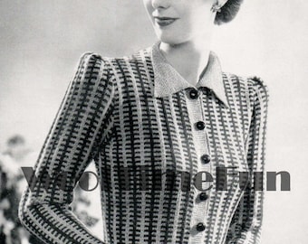 Knitting Pattern Womens Vintage 1940s Patterned Cardigan Jumper. Long Or Short Sleeves.