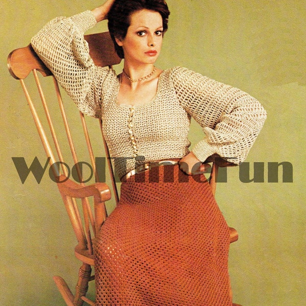 Crochet Pattern Ladies Vintage 1970s Long Sleeve Blouse/Top & Maxi Skirt.