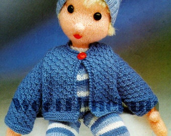 Knitting Pattern To Make Toy Little Boy Blue Doll With Clothes. 4 ply.