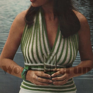 Patrón de tejido para top de verano con cuello halter para mujer. Tejido rápido y fácil para principiantes.