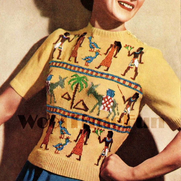 Breipatronen Vintage jaren '30/'40 Fair Isle trui Egyptisch patroon. 36-38" buste