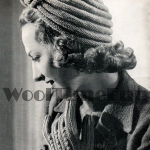 Knitting Pattern Vintage 1940sWW II Womens Turban Hat & Gloves.