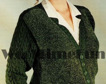 Patrón de tejido en PDF: Cárdigan de chenilla y cable estilo vintage para mujer. Busto de 32 a 42 pulgadas.