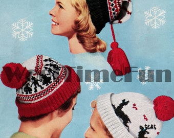 Knitting Pattern Classic Adult & Kids Ski/Xmas/Reindeer/Fair Isle/Scandi Hats.