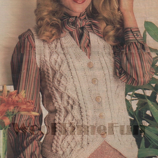 Knitting Pattern To Make Ladies Classic Aran/Cable Waistcoat. 32 to 38 Inch Bust.