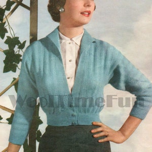 Knitting Pattern Vintage 1950s Womens Cardigan Jacket. V-Neck Long Sleeves.