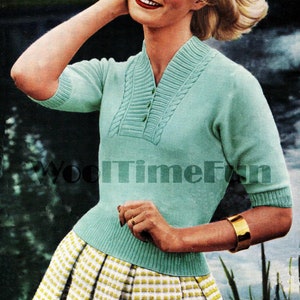 Vintage Knitting Pattern Womens 1950s Sweater. Short Or 3/4 Sleeves. 34 - 40 Inch Bust.