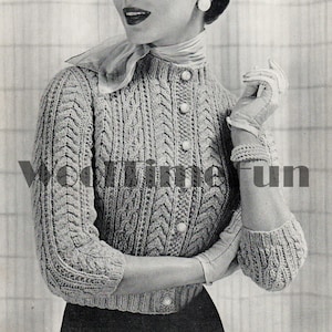 Knitting Pattern Vintage 1950s Womens Cable Cardigan Jacket. Round Neck.