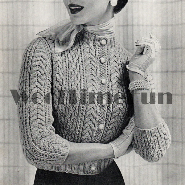 Knitting Pattern Vintage 1950s Lady's Cable Cardigan/Jacket. Round Neck.