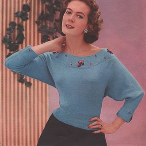 Vintage Knitting Pattern Womens 1950s Batwing Beaded Neckline Jumper Sweater.