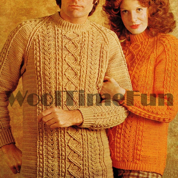 Crochet Pattern Men's & Ladies Classic Cable/Aran Design Sweaters. 32"- 42" Chest. DK Yarn.