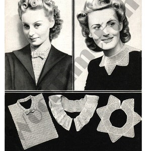 May include: Two women wearing different styles of crocheted collars. The collars are white and have a delicate, lacy design. The image also shows three close-up views of the collars.