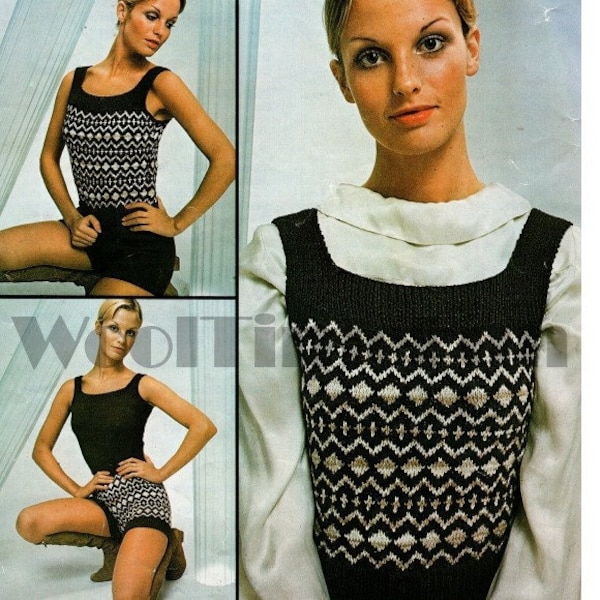 Knitting Pattern Vintage 1970s Womens Fair Isle Vest Top & Shorts Festival Boho