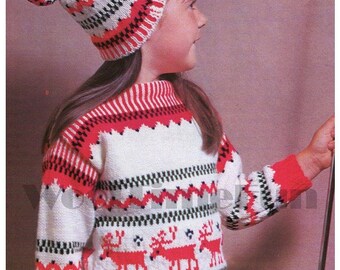 Knitting Pattern Children's Fair Isle,Xmas, Reindeer, Skiing Nordic Jumper Sweater & Hat