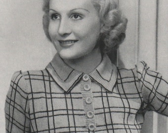 Knitting Pattern, Vintage Womens 1930s Plaid design Sweater with collar and short sleeves.
