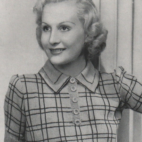 Knitting Pattern, Vintage Ladies 1930s Plaid design jumper with collar and short sleeves.