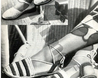 Vintage Crochet Pattern Women's 1940s Shoes Sandals. 2 Styles. Make to Fit.